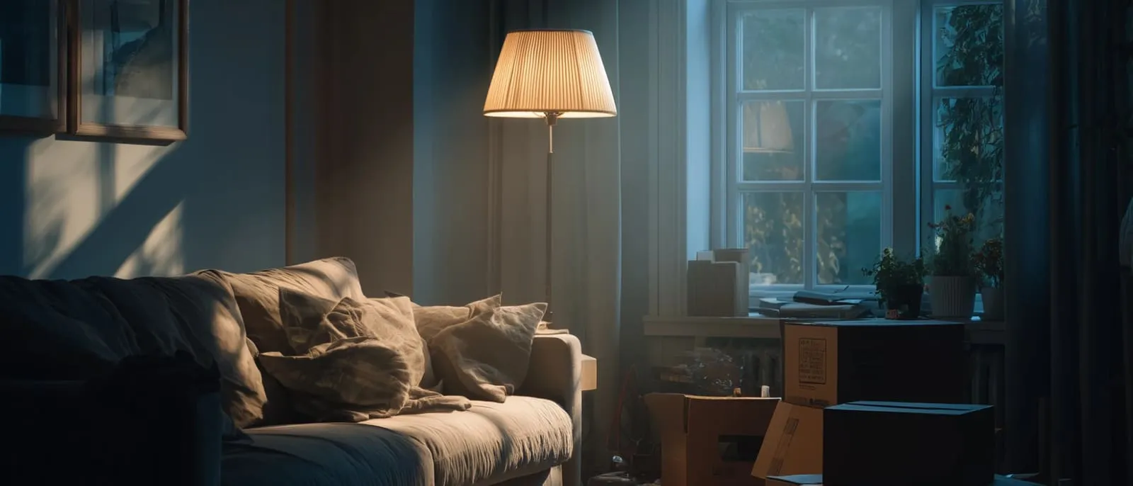 Wohnzimmer in der Dämmerung, eine Stehlampe spendet warmes Licht