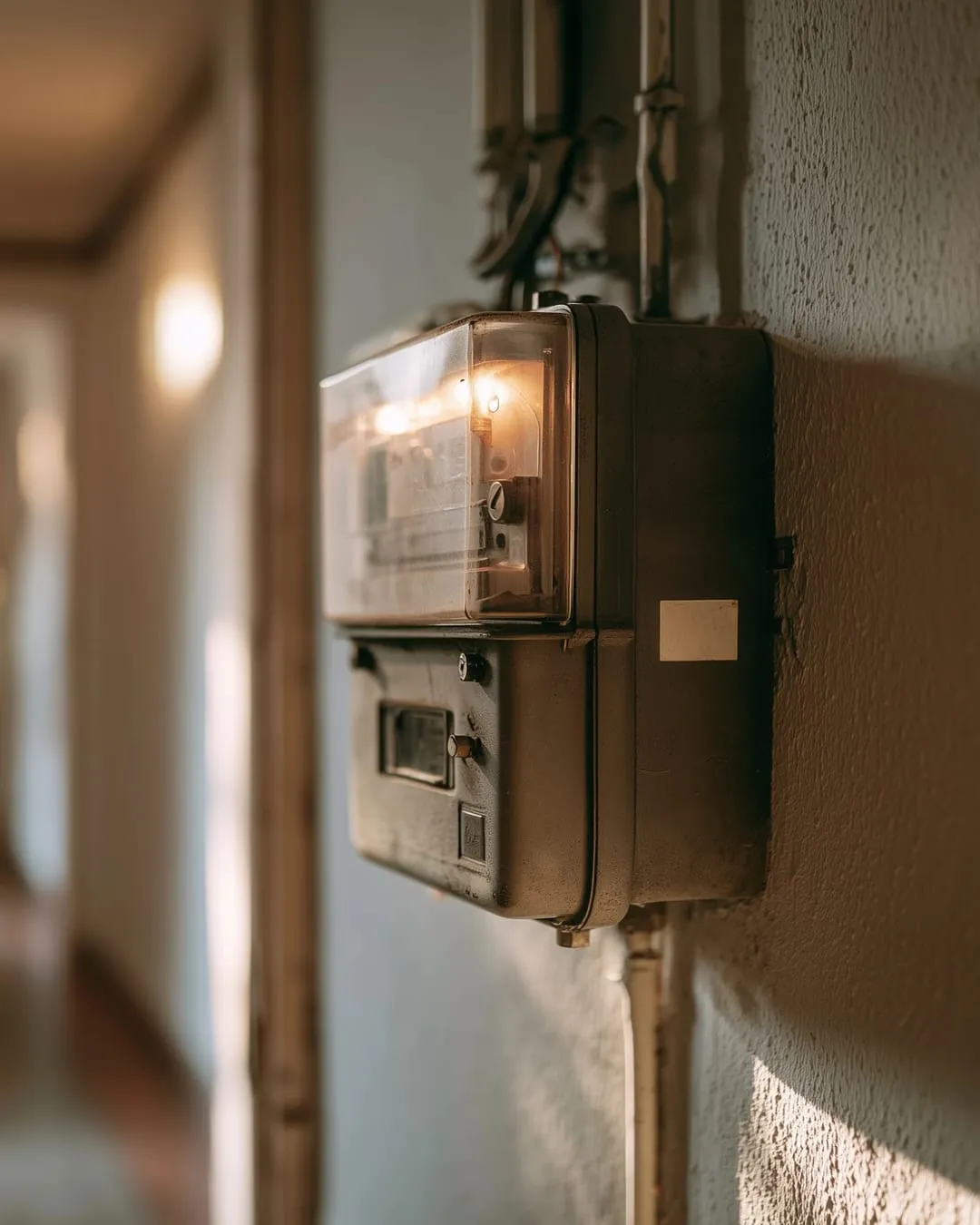 Analoger Stromzähler an einer sandfarbenen Wand im Nachmittagslicht