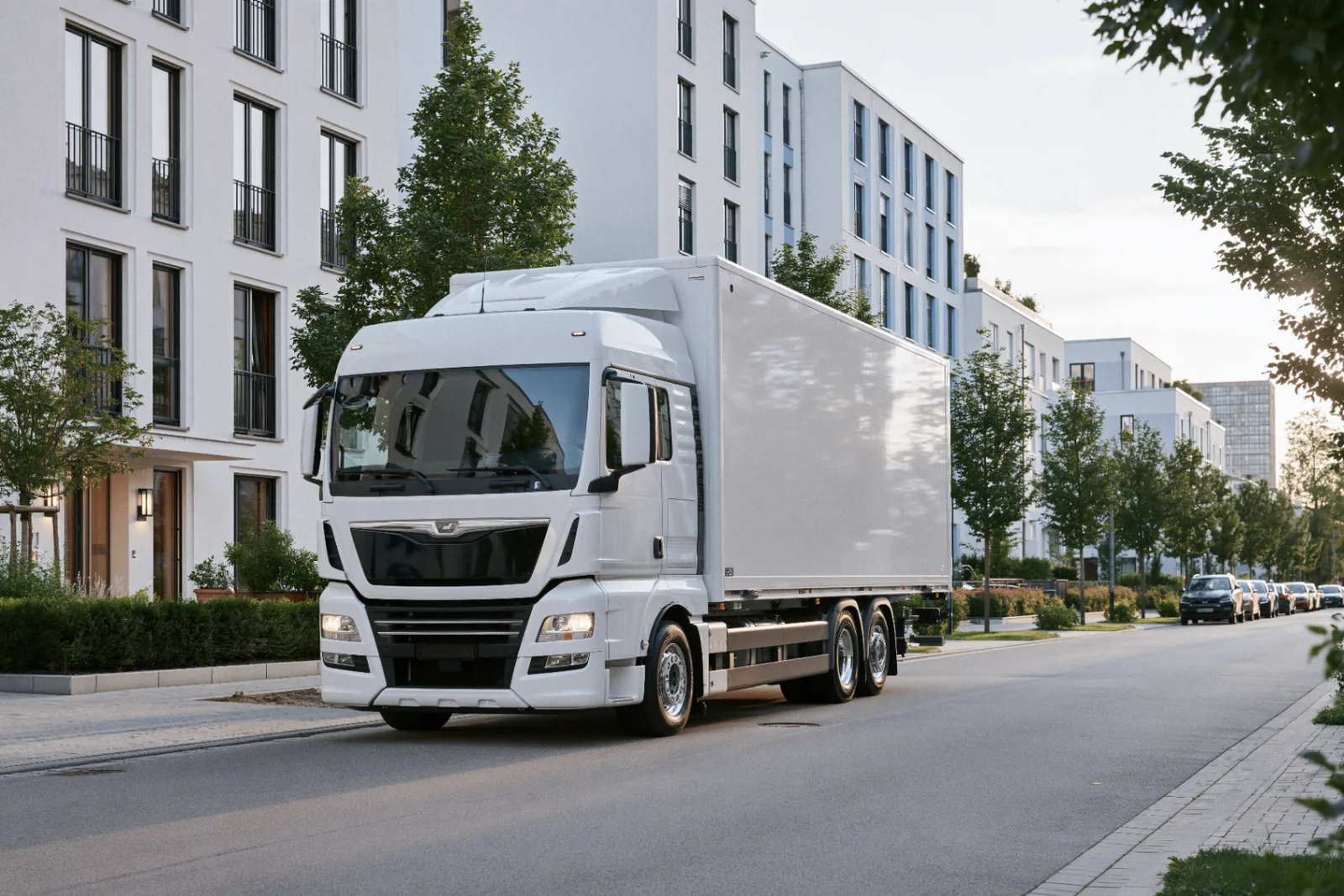 Weißer Umzugs-LKW in einer Wohnstraße